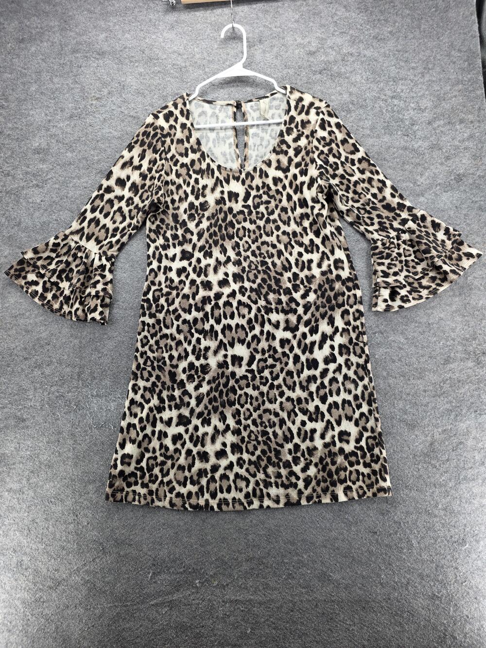 Allison Joy Dress Womens Small Leopard Animal Print Bell Sleeve Shift V-Neck
